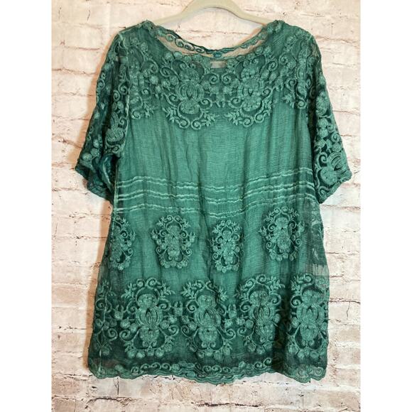 Soft Surroundings Silk Tunic Top Womens Petite Large Green Crinkled Embroidery - Picture 13 of 15